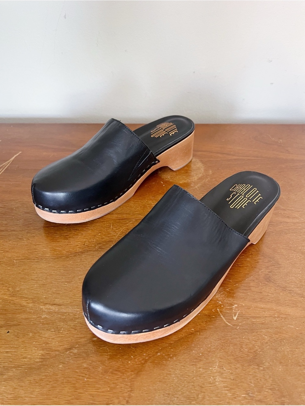 Charlotte Stone • Martino Clog in Ebony black leather wood block heel platform